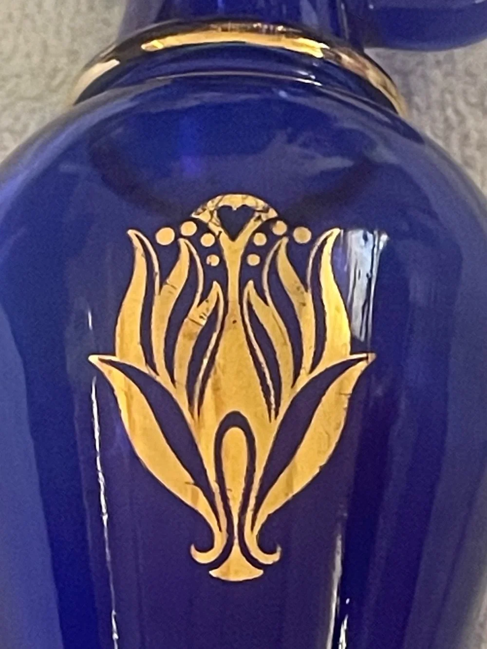 Cobalt Blue Glass Vase with Gold Floral Motif